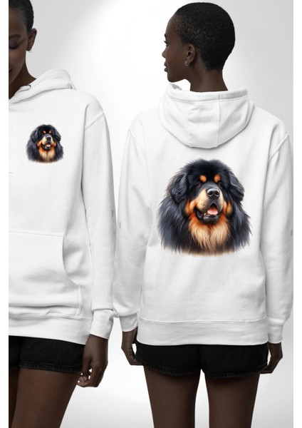 Tibetan Mastiff Güçlü Sadık Köpek Beyaz Kapüşonlu Sweatshirt Kadın Erkek Ön Minimal Sırt Baskılı