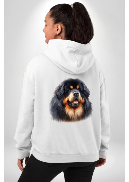 Tibetan Mastiff Güçlü Sadık Köpek Beyaz Kapüşonlu Sweatshirt Kadın Erkek Ön Minimal Sırt Baskılı modelleri