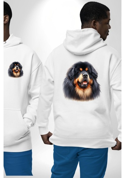 Tibetan Mastiff Güçlü Sadık Köpek Beyaz Kapüşonlu Sweatshirt Kadın Erkek Ön Minimal Sırt Baskılı fırsatları