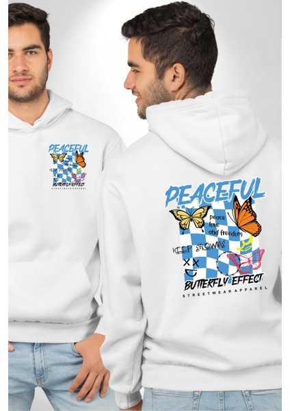 Barış Sevgi ve Özgürlük Yazılı Kelebek Tarz Beyaz Kapüşonlu Sweatshirt Kadın Erkek Ön Minimal Sırt Baskılı