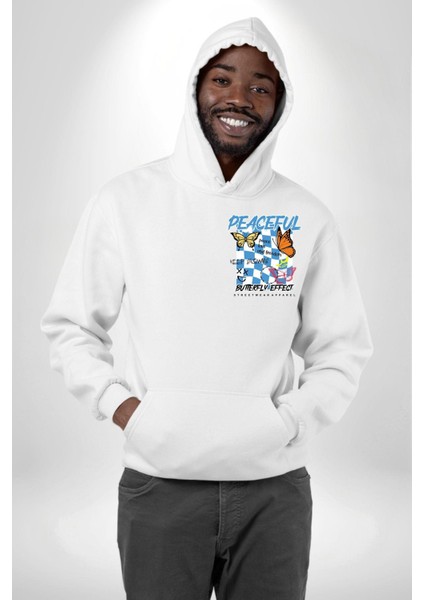 Barış Sevgi ve Özgürlük Yazılı Kelebek Tarz Beyaz Kapüşonlu Sweatshirt Kadın Erkek Ön Minimal Sırt Baskılı fiyatları