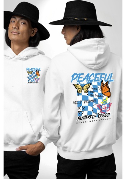Barış Sevgi ve Özgürlük Yazılı Kelebek Tarz Beyaz Kapüşonlu Sweatshirt Kadın Erkek Ön Minimal Sırt Baskılı fırsatları