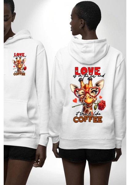 Kahve ve Aşkın Birleşimi Gül Kalp Gözlük Beyaz Kapüşonlu Sweatshirt Kadın Erkek Ön Minimal Sırt Baskılı