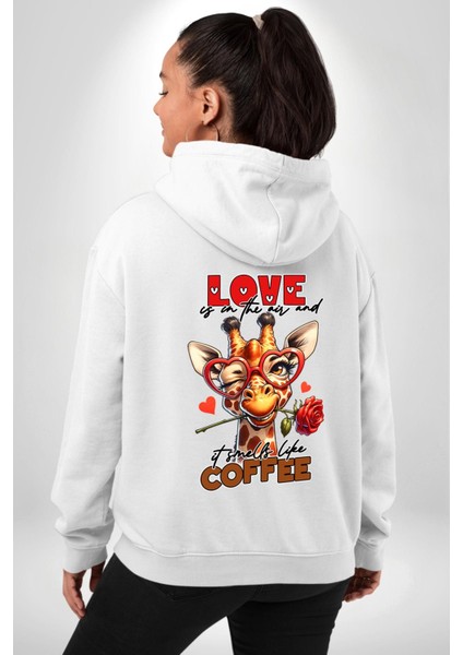 Kahve ve Aşkın Birleşimi Gül Kalp Gözlük Beyaz Kapüşonlu Sweatshirt Kadın Erkek Ön Minimal Sırt Baskılı modelleri