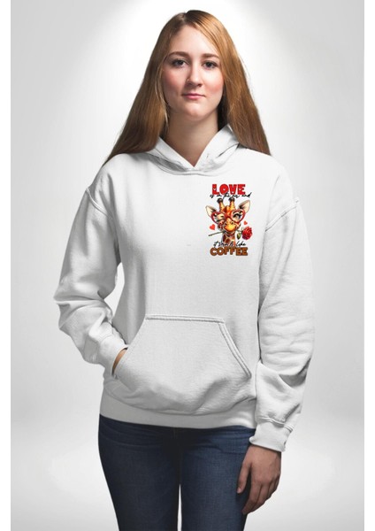 Kahve ve Aşkın Birleşimi Gül Kalp Gözlük Beyaz Kapüşonlu Sweatshirt Kadın Erkek Ön Minimal Sırt Baskılı indirimleri