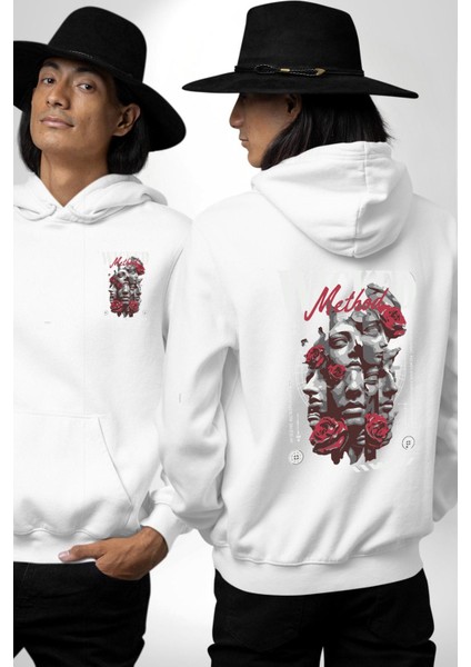 Gül ve Yüzler Metodun Gücü Duygusal Beyaz Kapüşonlu Sweatshirt Kadın Erkek Ön Minimal Sırt Baskılı
