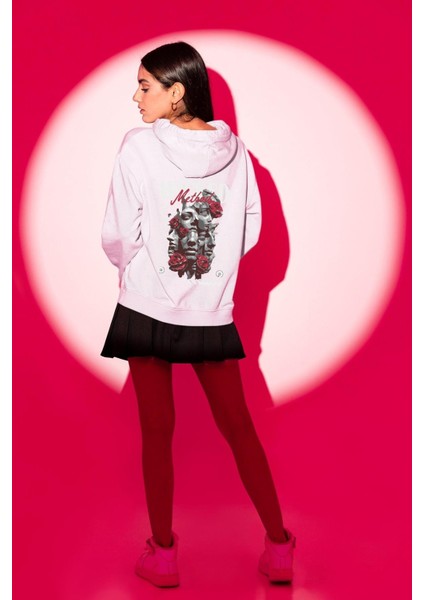 Gül ve Yüzler Metodun Gücü Duygusal Beyaz Kapüşonlu Sweatshirt Kadın Erkek Ön Minimal Sırt Baskılı modelleri