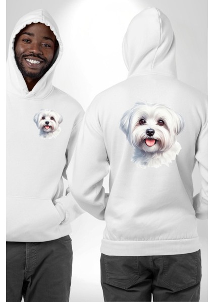 Sevimli Maltese Köpek Tasarımı Beyaz Kapüşonlu Sweatshirt Kadın Erkek Ön Minimal Sırt Baskılı