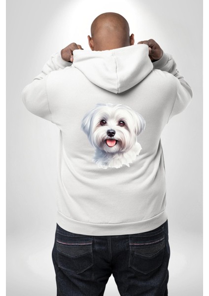 Sevimli Maltese Köpek Tasarımı Beyaz Kapüşonlu Sweatshirt Kadın Erkek Ön Minimal Sırt Baskılı modelleri