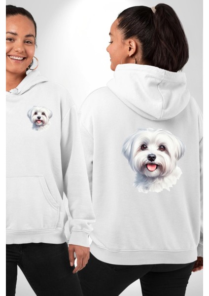 Sevimli Maltese Köpek Tasarımı Beyaz Kapüşonlu Sweatshirt Kadın Erkek Ön Minimal Sırt Baskılı fırsatları