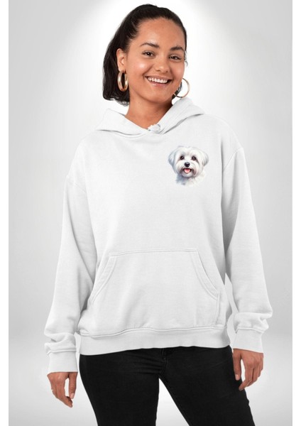 Sevimli Maltese Köpek Tasarımı Beyaz Kapüşonlu Sweatshirt Kadın Erkek Ön Minimal Sırt Baskılı indirimleri