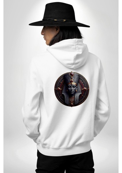 Güçlü Wosret Güç ve Koruma Sembolü Mısır Beyaz Kapüşonlu Sweatshirt Kadın Erkek Ön Minimal Sırt Baskılı modelleri