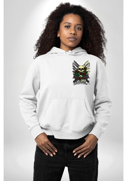 Gül ve Iskelet Beyaz Kapüşonlu Sweatshirt Kadın Erkek Ön Minimal Sırt Baskılı fiyatları