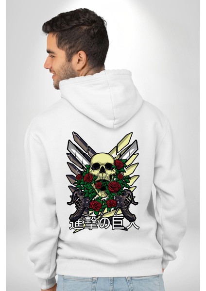 Gül ve Iskelet Beyaz Kapüşonlu Sweatshirt Kadın Erkek Ön Minimal Sırt Baskılı modelleri