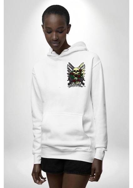 Gül ve Iskelet Beyaz Kapüşonlu Sweatshirt Kadın Erkek Ön Minimal Sırt Baskılı indirimleri