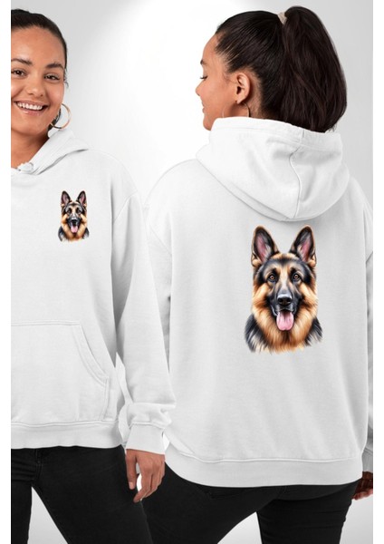 Efsane Alman Çoban Köpeği Aşk Köpek Dostu Beyaz Kapüşonlu Sweatshirt Kadın Erkek Ön Minimal Sırt Baskılı