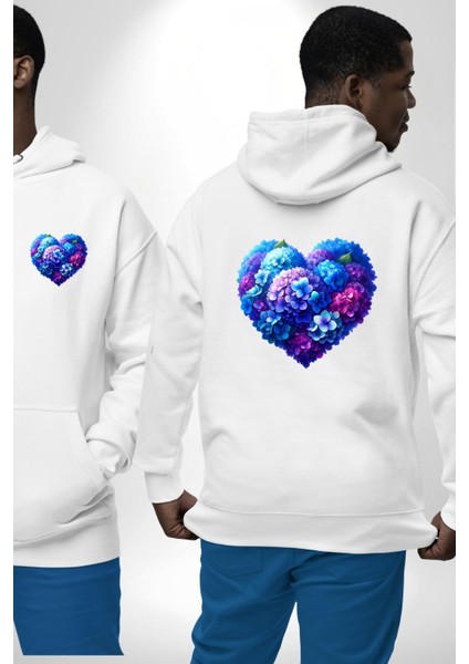 Ortanca Çiçeği Tasarımı Beyaz Kapüşonlu Sweatshirt Kadın Erkek Ön Minimal Sırt Baskılı
