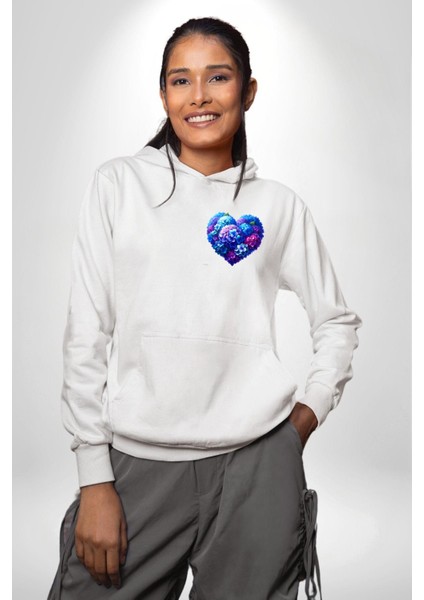 Ortanca Çiçeği Tasarımı Beyaz Kapüşonlu Sweatshirt Kadın Erkek Ön Minimal Sırt Baskılı fiyatları