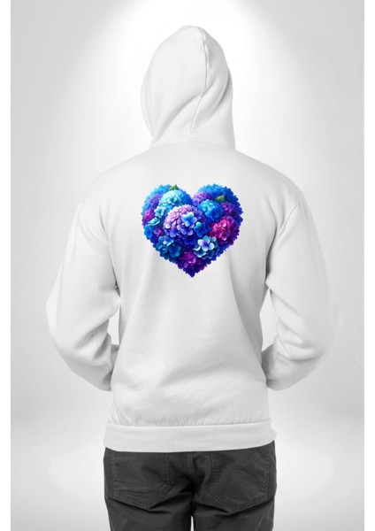 Ortanca Çiçeği Tasarımı Beyaz Kapüşonlu Sweatshirt Kadın Erkek Ön Minimal Sırt Baskılı modelleri