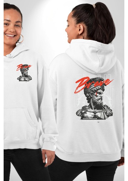 Cesur Yürek Zafer ve Cesaret Braveheart Beyaz Kapüşonlu Sweatshirt Kadın Erkek Ön Minimal Sırt Baskılı