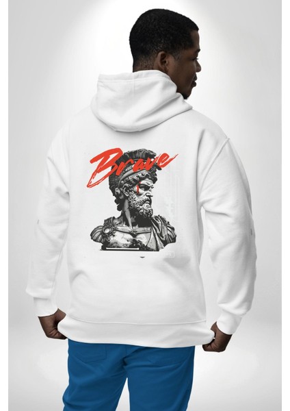 Cesur Yürek Zafer ve Cesaret Braveheart Beyaz Kapüşonlu Sweatshirt Kadın Erkek Ön Minimal Sırt Baskılı modelleri