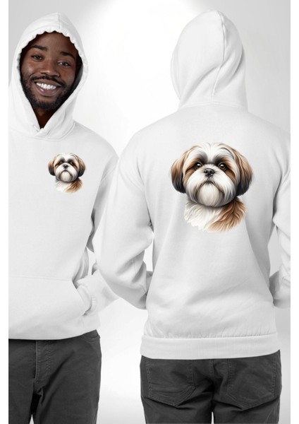 Neşeli Shih Tzu Küçük Irk Köpek Dostu Beyaz Kapüşonlu Sweatshirt Kadın Erkek Ön Minimal Sırt Baskılı