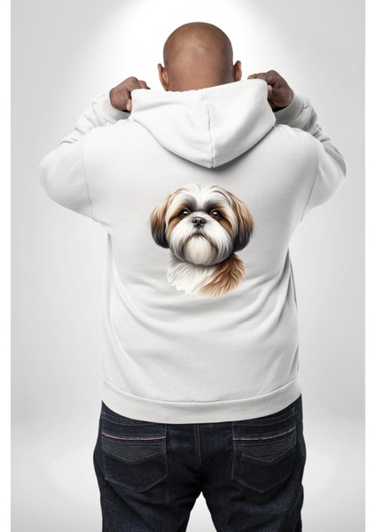 Neşeli Shih Tzu Küçük Irk Köpek Dostu Beyaz Kapüşonlu Sweatshirt Kadın Erkek Ön Minimal Sırt Baskılı modelleri