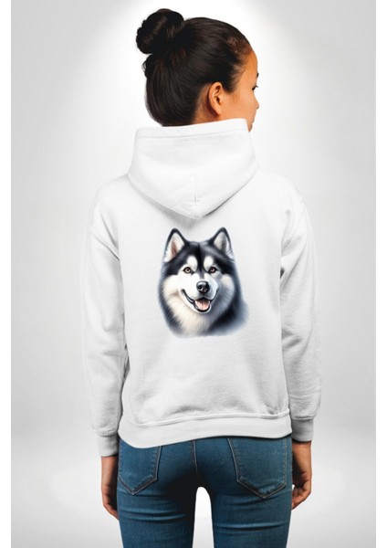 Güçlü Siberian Husky Köpek Büyük Irk Beyaz Kapüşonlu Sweatshirt Kadın Erkek Ön Minimal Sırt Baskılı modelleri