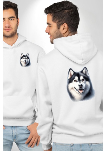 Güçlü Siberian Husky Köpek Büyük Irk Beyaz Kapüşonlu Sweatshirt Kadın Erkek Ön Minimal Sırt Baskılı fırsatları