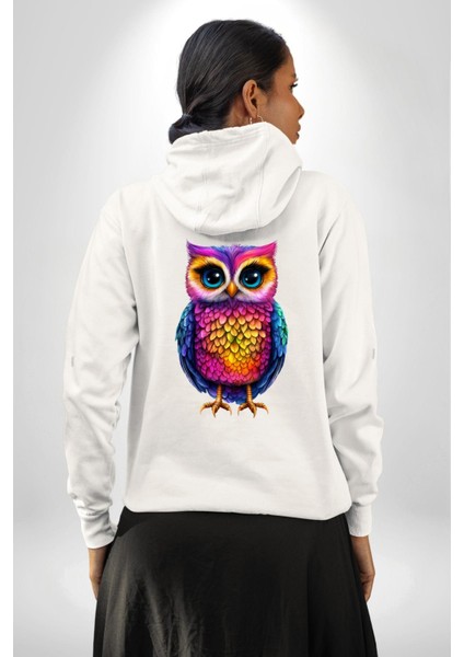 Neon Renkler Baykuş Beyaz Kapüşonlu Sweatshirt Kadın Erkek Ön Minimal Sırt Baskılı modelleri
