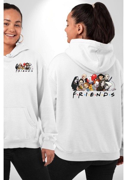 Korku Film Arkadaşlık Beyaz Kapüşonlu Sweatshirt Kadın Erkek Ön Minimal Sırt Baskılı