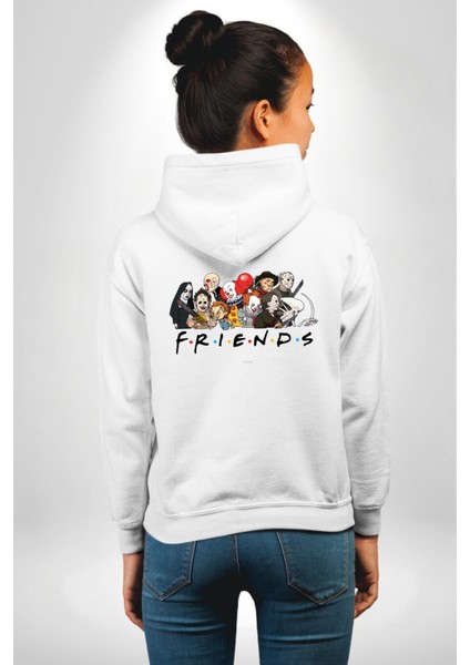 Korku Film Arkadaşlık Beyaz Kapüşonlu Sweatshirt Kadın Erkek Ön Minimal Sırt Baskılı modelleri