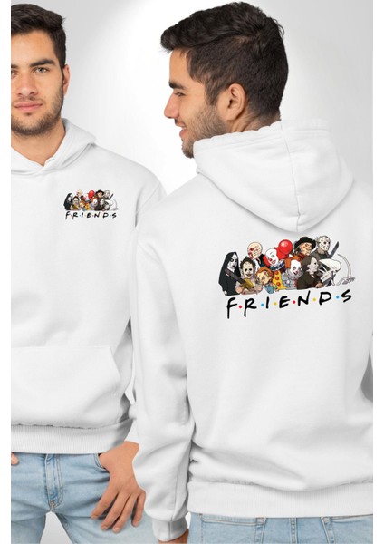 Korku Film Arkadaşlık Beyaz Kapüşonlu Sweatshirt Kadın Erkek Ön Minimal Sırt Baskılı fırsatları