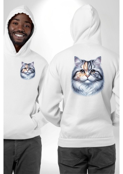 Iran Kedisi Özel Tasarım Beyaz Kapüşonlu Sweatshirt Kadın Erkek Ön Minimal Sırt Baskılı