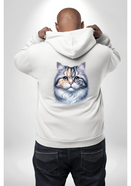 Iran Kedisi Özel Tasarım Beyaz Kapüşonlu Sweatshirt Kadın Erkek Ön Minimal Sırt Baskılı modelleri