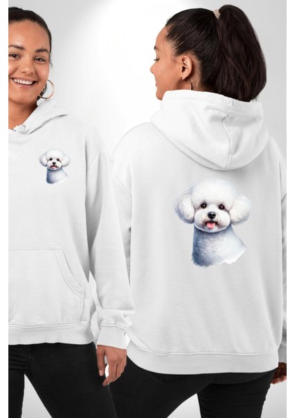 Bichon Frise Beyaz Tatlı Küçük Irk Köpek Beyaz Kapüşonlu Sweatshirt Kadın Erkek Ön Minimal Sırt Baskılı