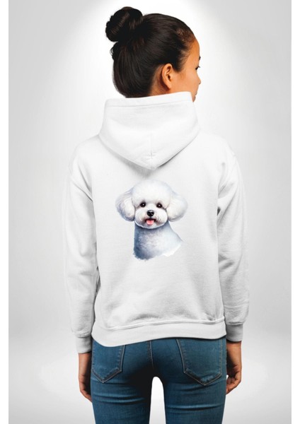Bichon Frise Beyaz Tatlı Küçük Irk Köpek Beyaz Kapüşonlu Sweatshirt Kadın Erkek Ön Minimal Sırt Baskılı modelleri