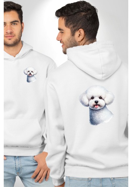Bichon Frise Beyaz Tatlı Küçük Irk Köpek Beyaz Kapüşonlu Sweatshirt Kadın Erkek Ön Minimal Sırt Baskılı fırsatları