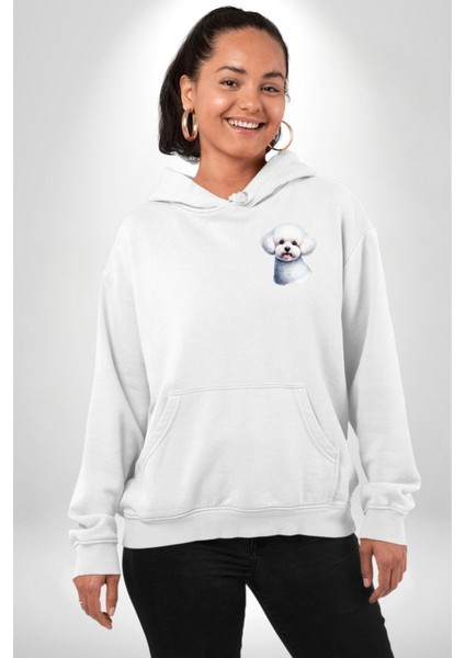 Bichon Frise Beyaz Tatlı Küçük Irk Köpek Beyaz Kapüşonlu Sweatshirt Kadın Erkek Ön Minimal Sırt Baskılı indirimleri