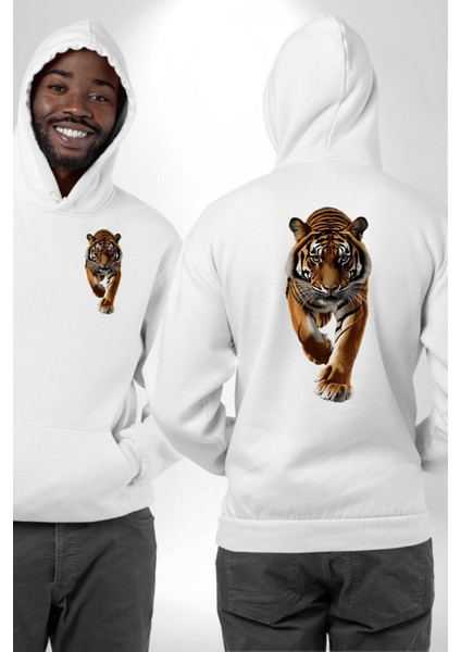 Güçlü Kaplan Desenli Doğa Vahşi Yaşam Beyaz Kapüşonlu Sweatshirt Kadın Erkek Ön Minimal Sırt Baskılı