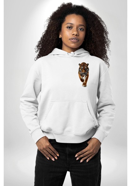 Güçlü Kaplan Desenli Doğa Vahşi Yaşam Beyaz Kapüşonlu Sweatshirt Kadın Erkek Ön Minimal Sırt Baskılı fiyatları