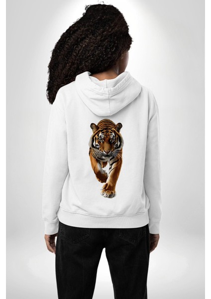 Güçlü Kaplan Desenli Doğa Vahşi Yaşam Beyaz Kapüşonlu Sweatshirt Kadın Erkek Ön Minimal Sırt Baskılı modelleri