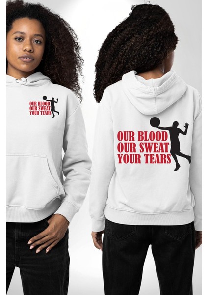 Spor ve Mücadele Kan, Ter, Gözyaşı Beyaz Kapüşonlu Sweatshirt Kadın Erkek Ön Minimal Sırt Baskılı