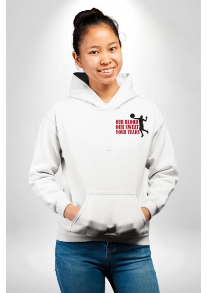 Spor ve Mücadele Kan, Ter, Gözyaşı Beyaz Kapüşonlu Sweatshirt Kadın Erkek Ön Minimal Sırt Baskılı fiyatları