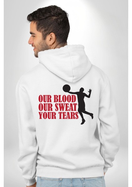 Spor ve Mücadele Kan, Ter, Gözyaşı Beyaz Kapüşonlu Sweatshirt Kadın Erkek Ön Minimal Sırt Baskılı modelleri