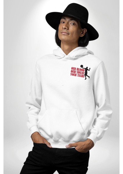 Spor ve Mücadele Kan, Ter, Gözyaşı Beyaz Kapüşonlu Sweatshirt Kadın Erkek Ön Minimal Sırt Baskılı indirimleri