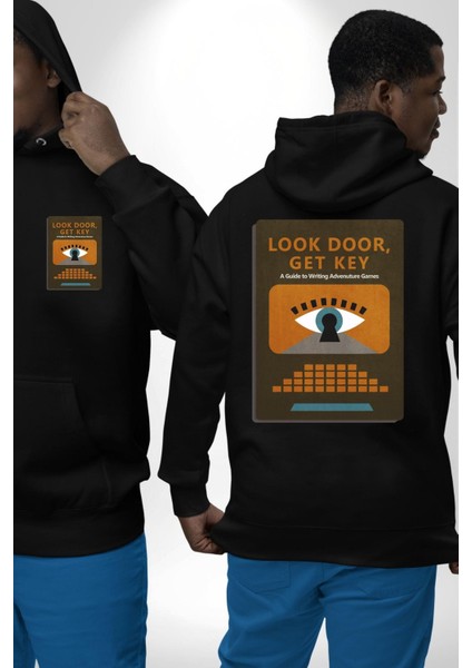 Look Door, Get Key Macera Oyunları Yazma Rehberi Siyah Kapüşonlu Sweatshirt Kadın Erkek Ön Minimal Sırt Baskılı