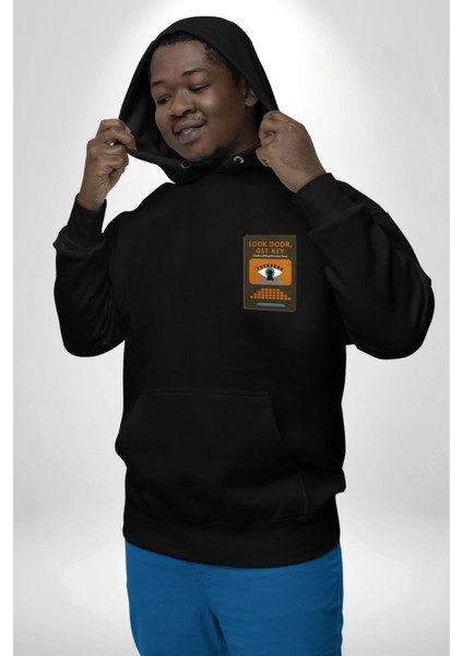 Look Door, Get Key Macera Oyunları Yazma Rehberi Siyah Kapüşonlu Sweatshirt Kadın Erkek Ön Minimal Sırt Baskılı fiyatları