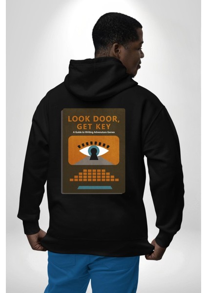 Look Door, Get Key Macera Oyunları Yazma Rehberi Siyah Kapüşonlu Sweatshirt Kadın Erkek Ön Minimal Sırt Baskılı modelleri