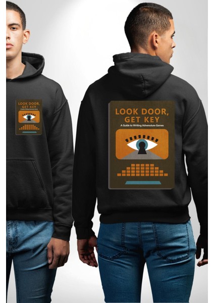 Look Door, Get Key Macera Oyunları Yazma Rehberi Siyah Kapüşonlu Sweatshirt Kadın Erkek Ön Minimal Sırt Baskılı fırsatları